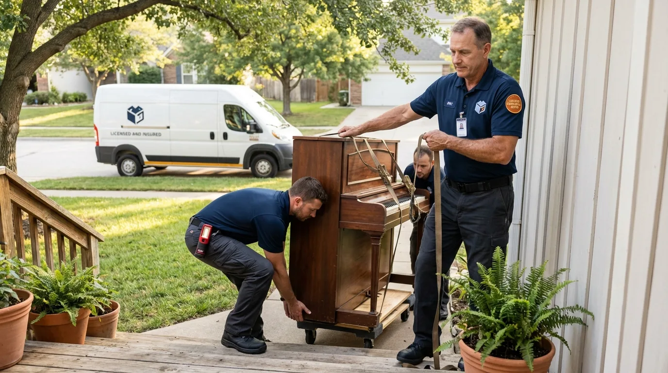 Licensed piano movers securing grand piano in Waverly, MN