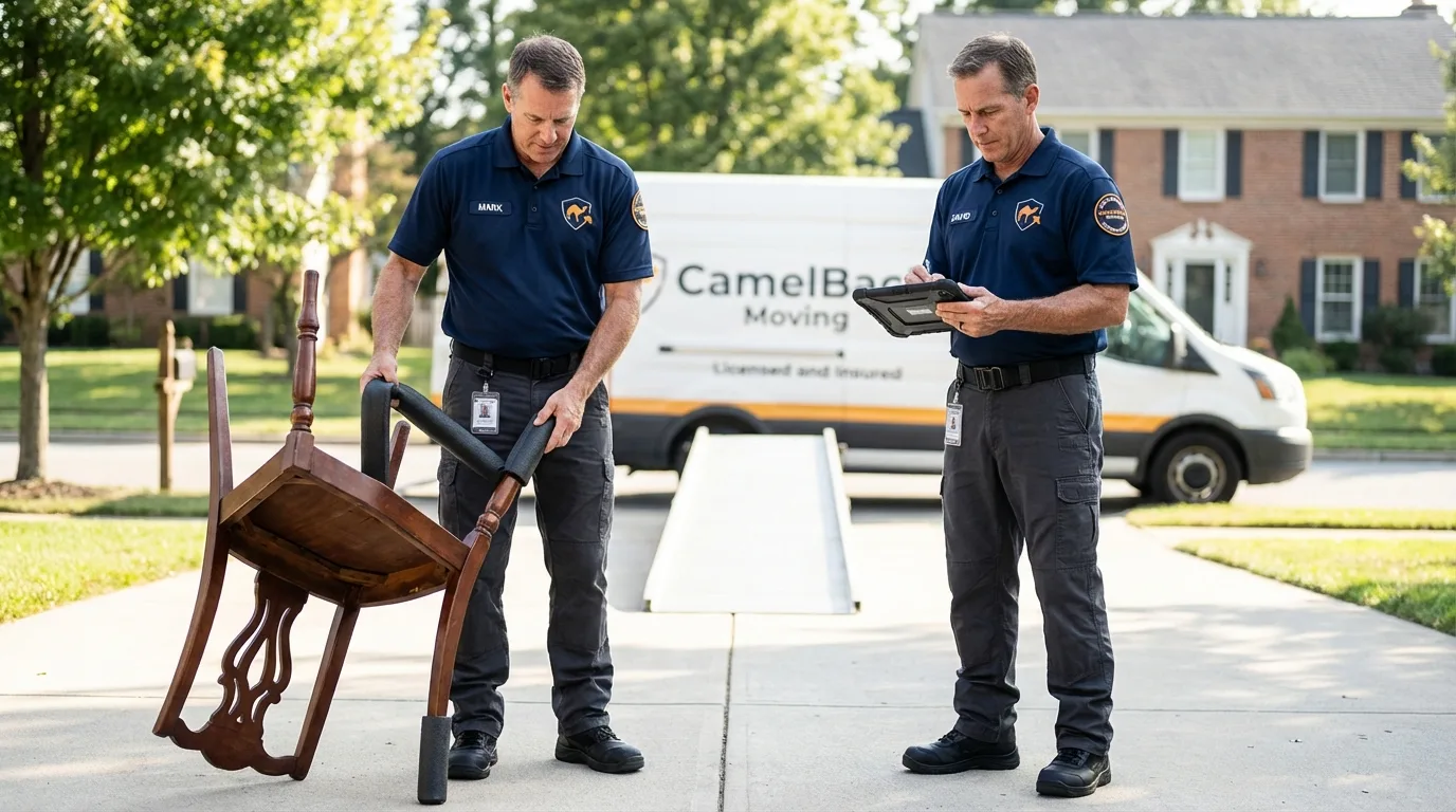 Movers inspecting furniture for damage prevention before loading in Waverly, MN
